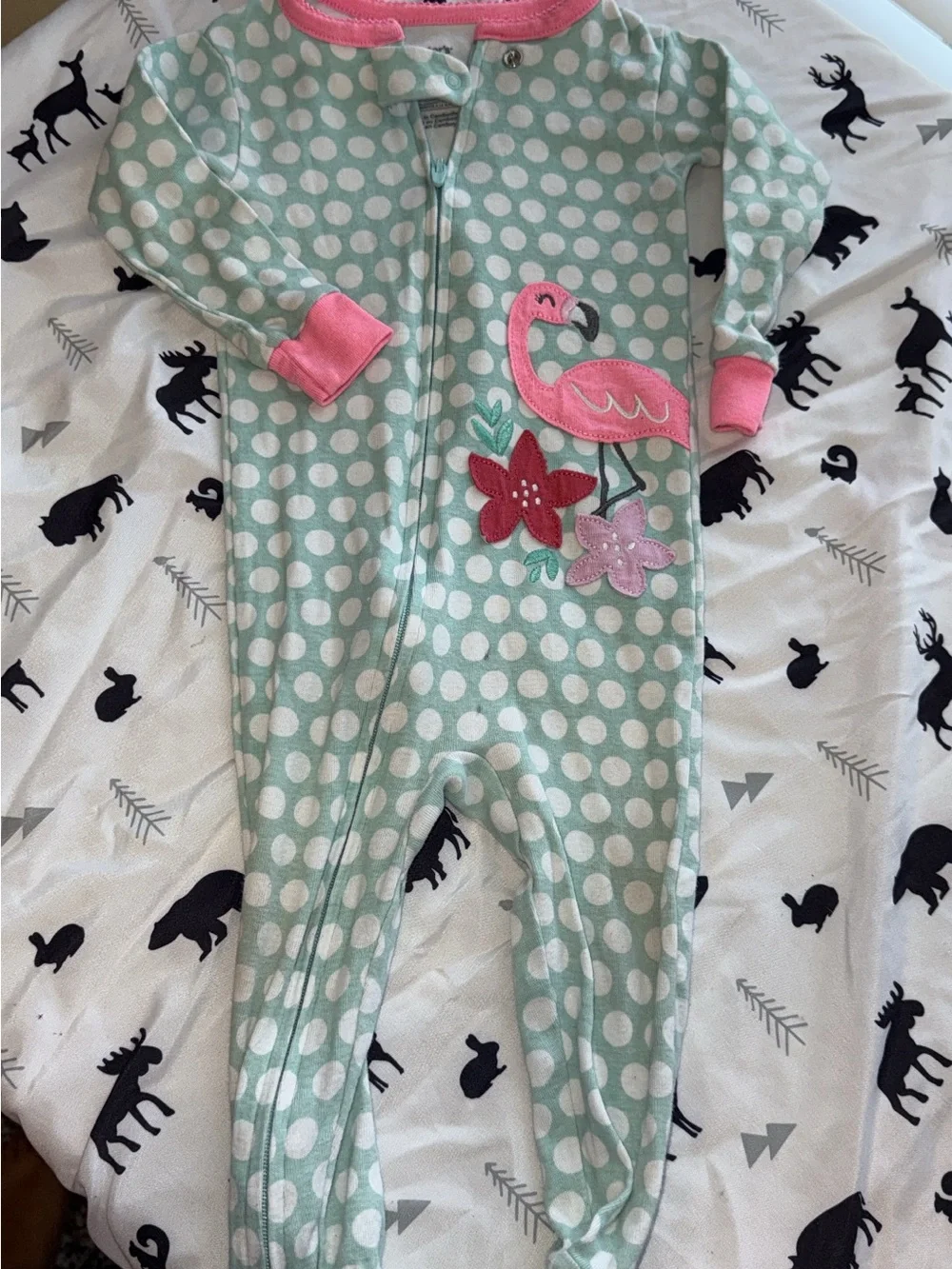 Carter's Mint Polka Dot Flamingo Footed One-Piece with Pink Trim